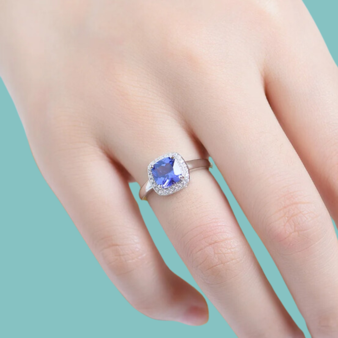 Cushion Cut Tanzanite Halo Ring