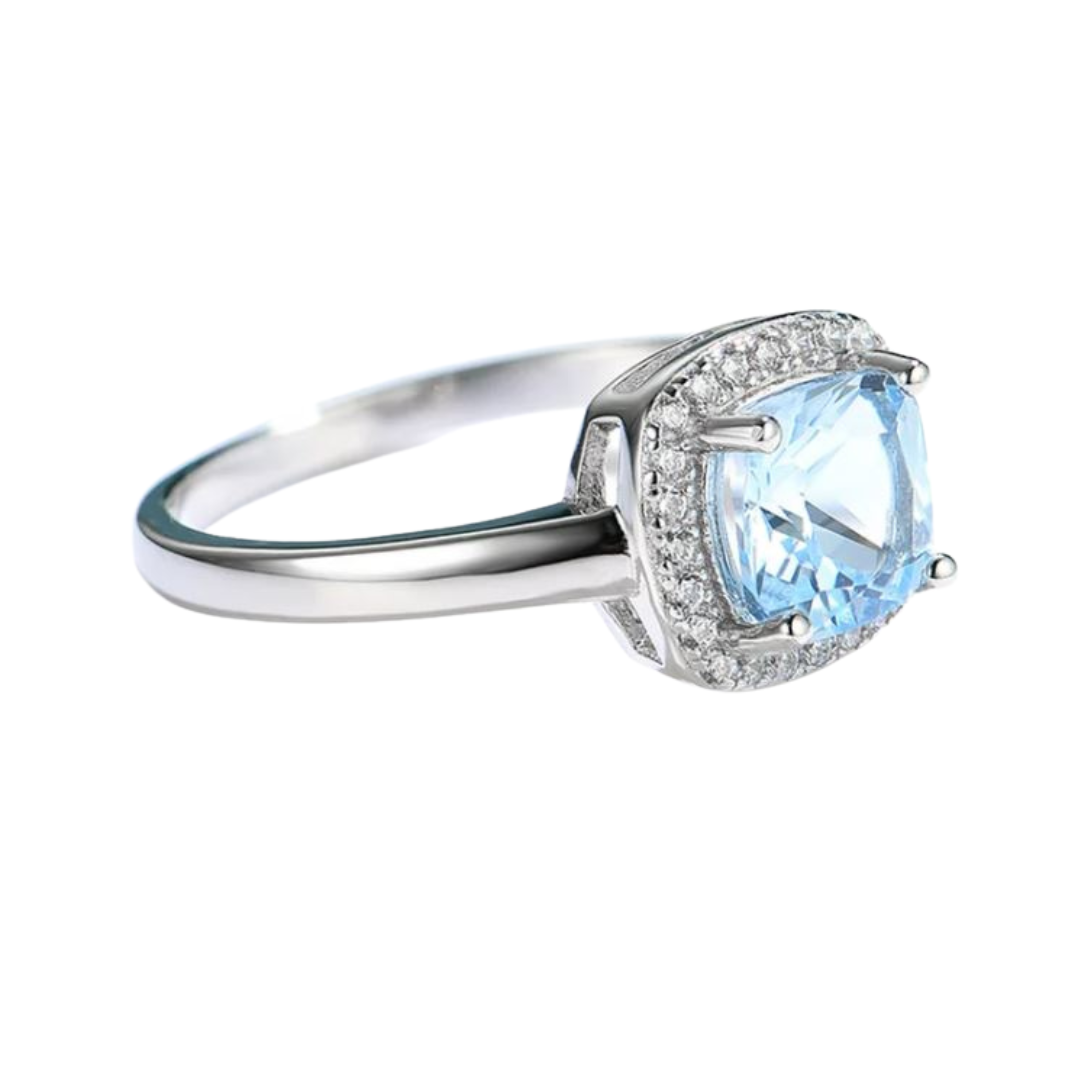 Aquamarine Halo Ring.